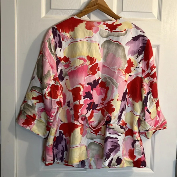 ☀️Maggie Barnes women blazer 0X 14 16 floral linen blend hip  length 3/4 sleeves - Picture 6 of 7